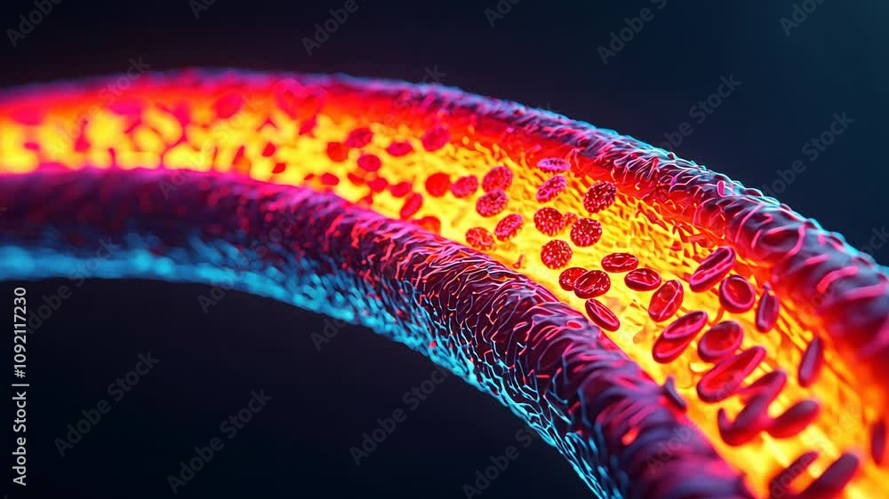 Poster circulation, vibrant close-up of an abstract structure showcasing glowing particles in a blurred env