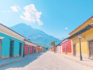 Fototapeta premium Colorful colonial buildings lining a cobblestone street with mountains in background.