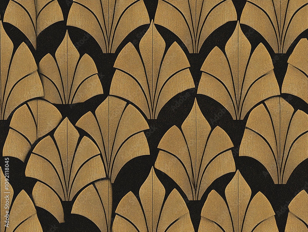 Poster a pattern of an art deco style design with symmetrical lines and black ink on dark brown paper.