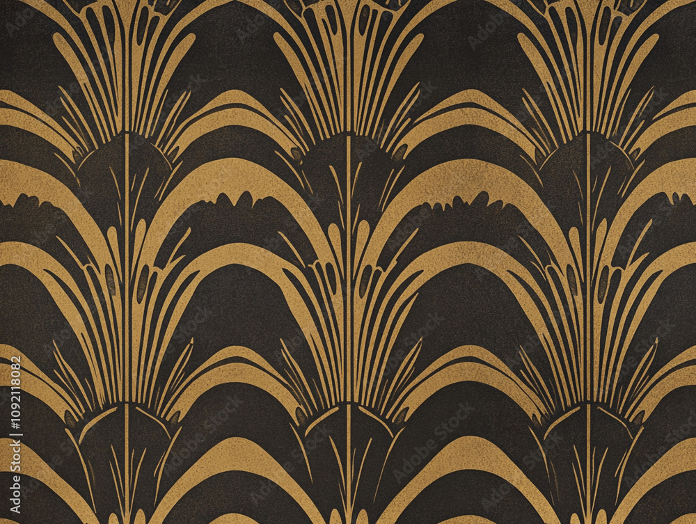 Poster a pattern of an art deco style design with symmetrical lines and black ink on dark brown paper.