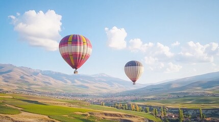 Obraz premium Colorful hot air balloons soaring above a scenic valley landscape.