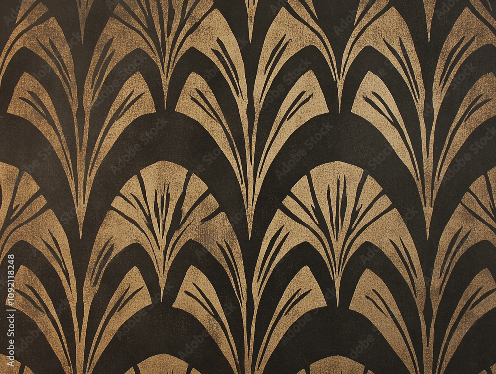 Poster a pattern of an art deco style design with symmetrical lines and black ink on dark brown paper.