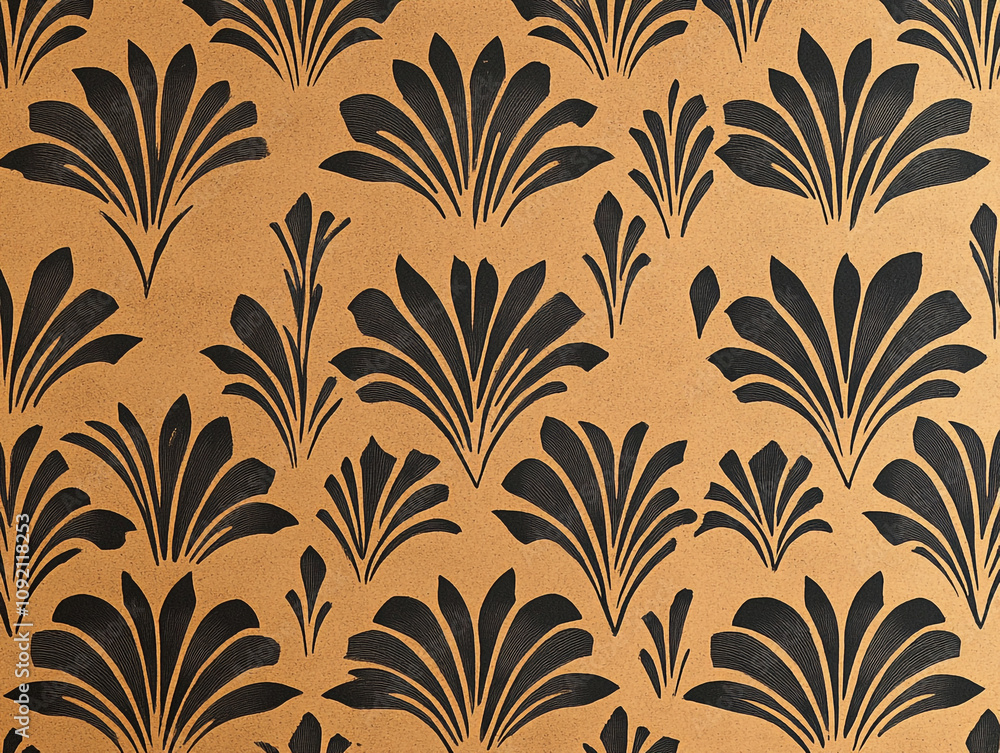 Poster a pattern of an art deco style design with symmetrical lines and black ink on dark brown paper.