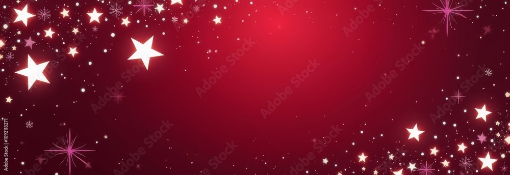Poster a red background with stars hanging from the top