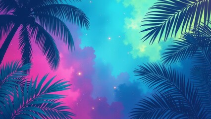 Obraz premium A tropical scene with a blue sky and purple and pink clouds