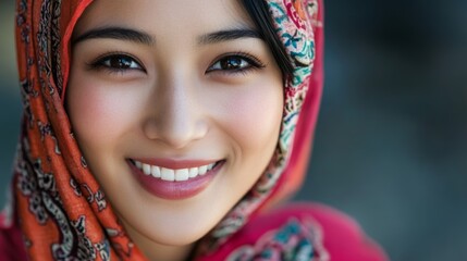 Asian woman with dimples, black hair and headscarf, Islamic, is smiling