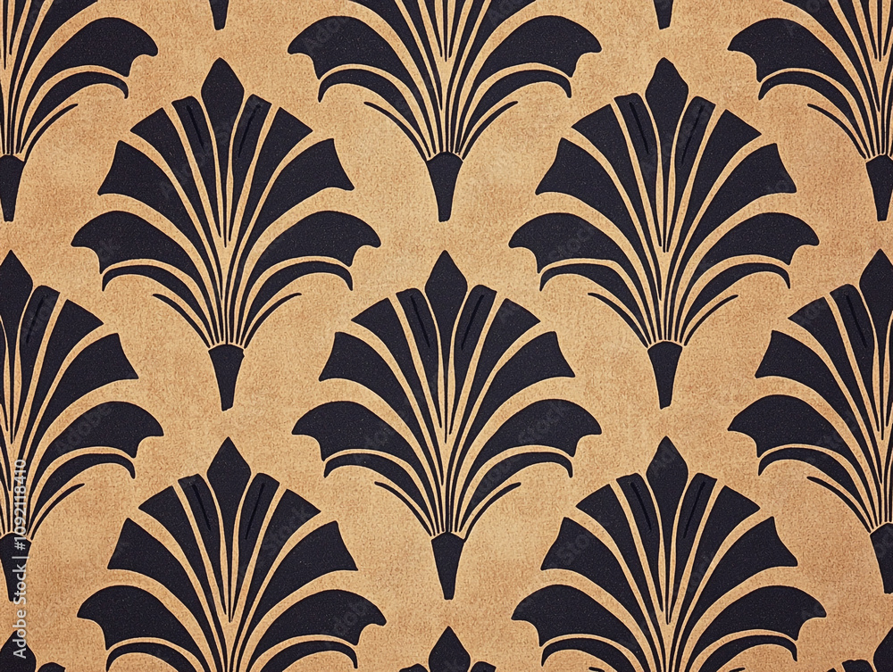 Poster a pattern of an art deco style design with symmetrical lines and black ink on dark brown paper.