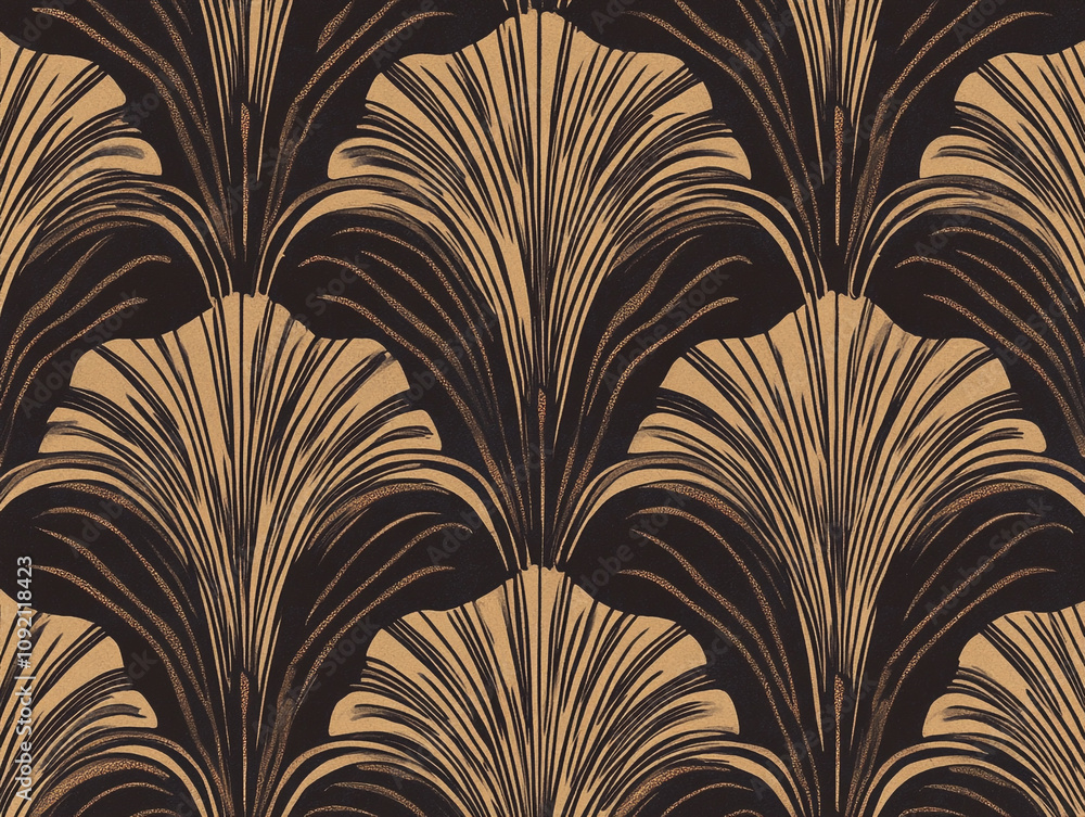 Poster a pattern of an art deco style design with symmetrical lines and black ink on dark brown paper.