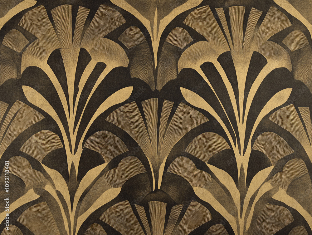 Poster a pattern of an art deco style design with symmetrical lines and black ink on dark brown paper.