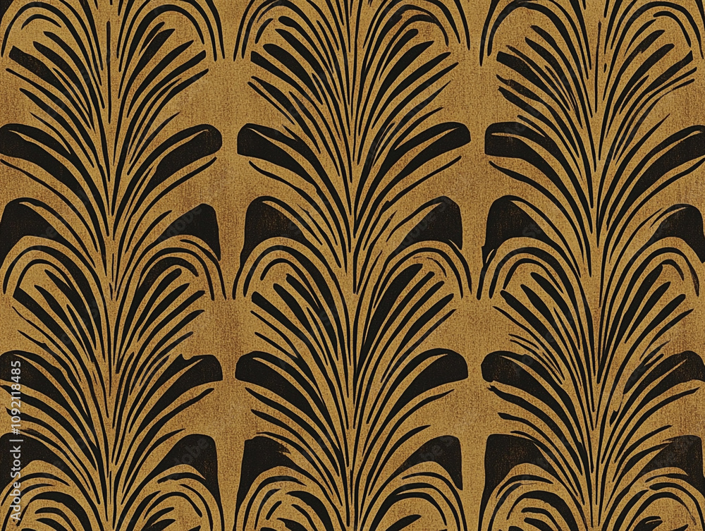 Poster a pattern of an art deco style design with symmetrical lines and black ink on dark brown paper.