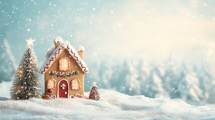 Fototapeta premium A gingerbread house with candy garland and frosting icicles, set in a festive scene with copy space