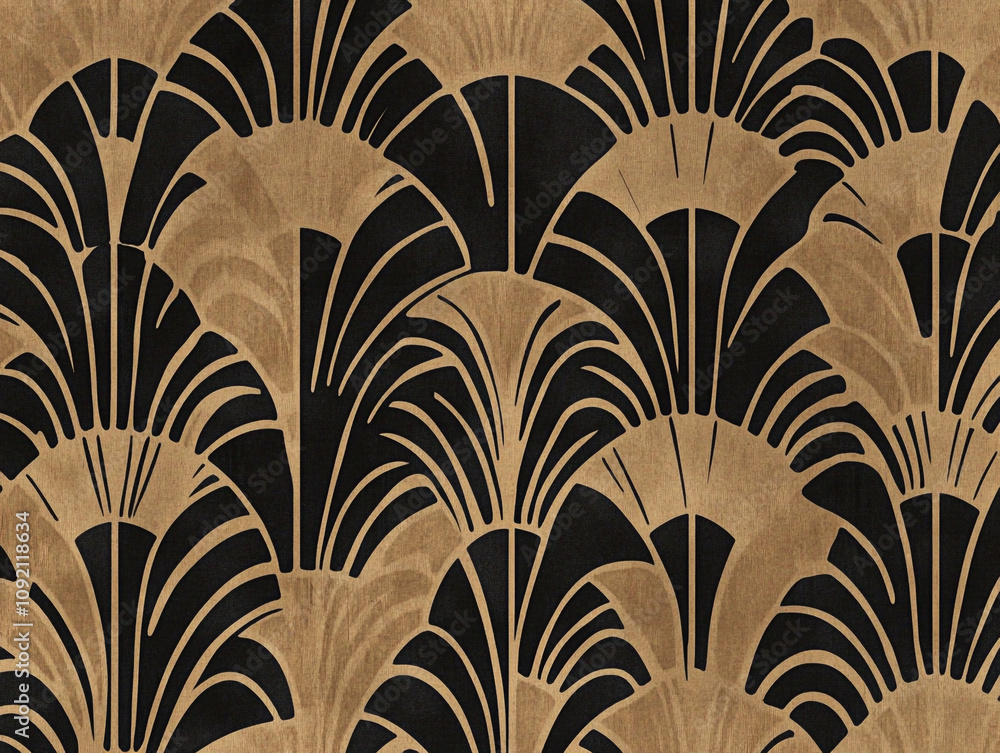 Poster a pattern of an art deco style design with symmetrical lines and black ink on dark brown paper.