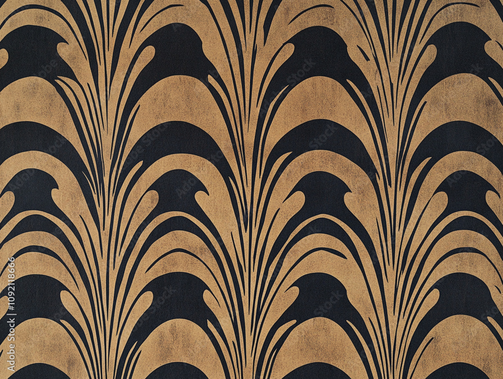 Poster a pattern of an art deco style design with symmetrical lines and black ink on dark brown paper.