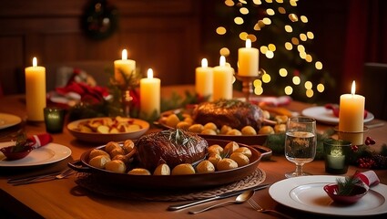 Obraz premium Christmas Feast with Roasted Meat, Potatoes, and Festive Decor Under Twinkling Tree Lights