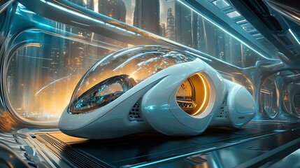 Fototapeta premium Futuristic White Vehicle in a Transparent Tunnel with a City Skyline in the Background