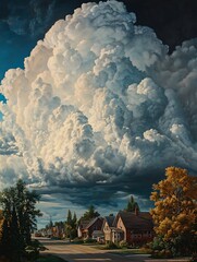 A gathering of thunderclouds rolling over a small town, casting shadows on houses and streets, with the wind visibly disturbing trees in the foreground.