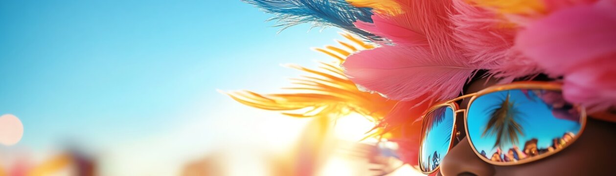 A Caribbean Carnival with feathered costumes, calypso music, and dancing