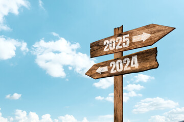 Wooden sign saying goodbye to the old year 2024 with welcome the new year 2025. New year symbol and...