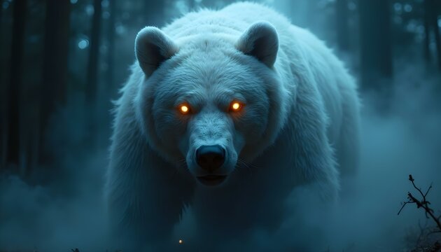 black light poster of a intricate portrait of An amazing cyberpunk bear creature made of ethereal smokey mist, incredibly cute appearance with a hellishly evil soul, bright glowing eyes.