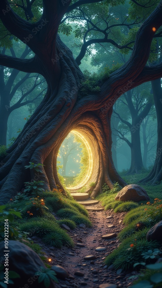 Poster a forest with a moon in the sky and a path leading through it