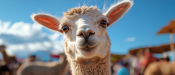 Naklejka premium A Peruvian festival with alpacas, woven garments, and Andean music