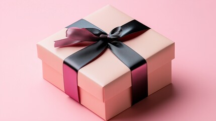 Obraz premium Square gift box wrapped in soft pink, accented with a dark pink ribbon, set on a pale pink background.