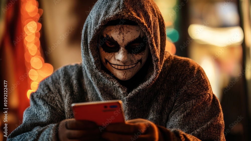 Poster terrifying hacker figure involved in digital wallet fraud, using alert platform for financial disast
