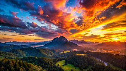 Captivating Silhouette Landscape Drone Photography at Sunset with Majestic Mountains and Vibrant Clouds for Stunning Visuals and Nature Lovers