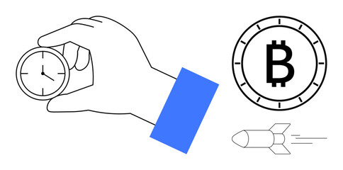 Hand holding a clock, indicating time management or efficiency, alongside Bitcoin symbol and a flying rocket. Ideal for finance, cryptocurrency, growth, productivity, innovation, investment
