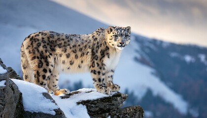 Fototapeta premium A stunning snow leopard standing on a rocky ledge, its spotted coat blending perfectly with the snowy landscape
