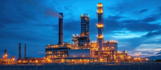 Fototapeta premium Industrial plant with tall chimneys and lights at dusk with blue sky and clouds in the background.