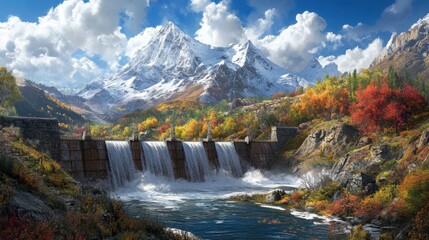 A dramatic depiction of water rushing through a dams turbines, surrounded by rugged mountains and vibrant greenery.
