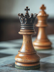 Fototapeta premium A set of elegant wooden chess pieces, featuring a king or queen with a cross-shaped crown in the center, flanked by two pawns. 