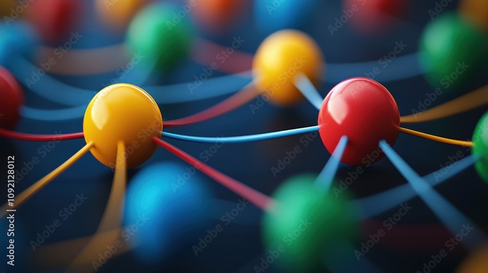 Poster a close-up view of colorful spheres connected by lines, representing a molecular or atomic structure