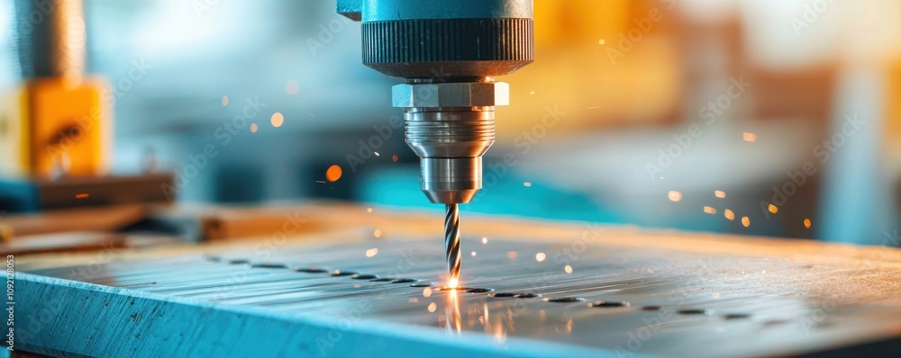Poster a close-up of a drill bit in action, creating holes in metal, with sparks flying in a workshop setti
