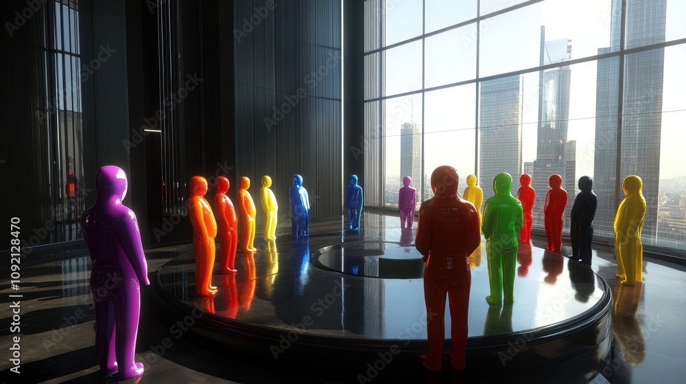 Aufkleber a dynamic scene of colorful abstract figures collaborating around a circular table in a luminous off