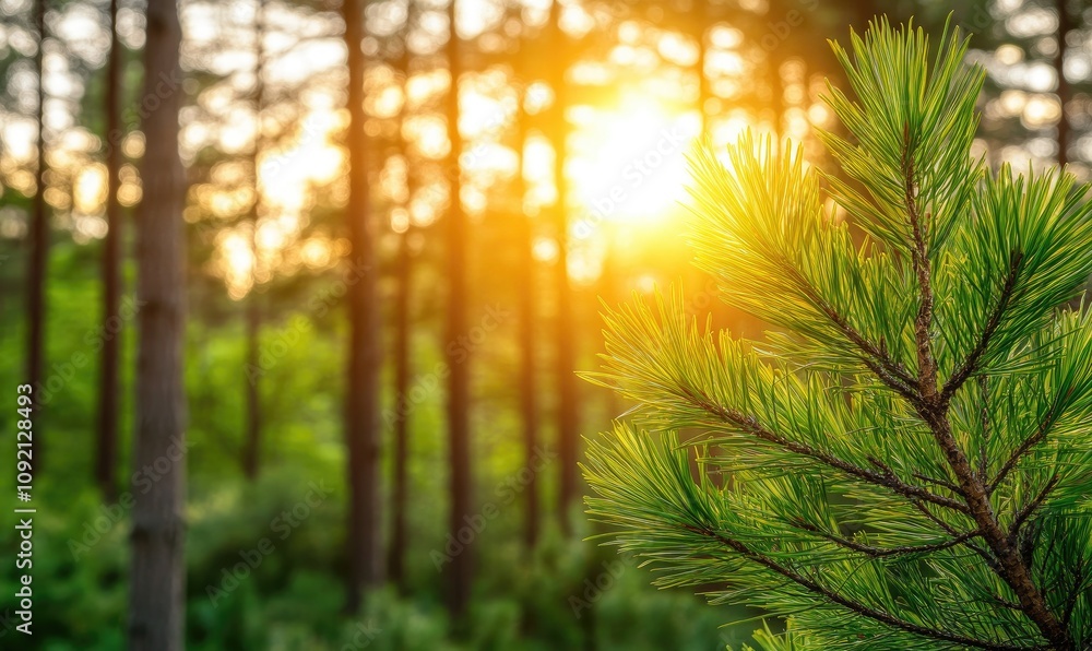 Poster Sunlight Filtering Through Pine Needles in Forest