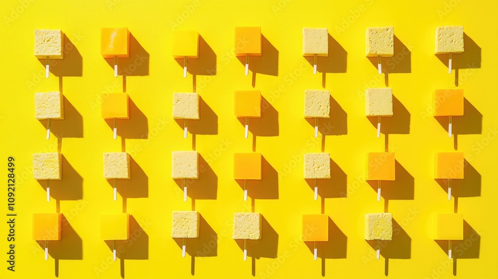 Poster a vibrant arrangement of yellow and white cubes on skewers set against a bright yellow background, c