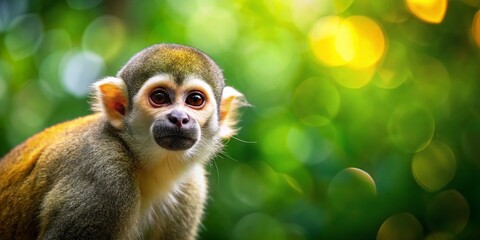 Obraz premium Captivating Squirrel Monkey in Natural Habitat with Copy Space for Text and Design Elements, Perfect for Animal Conservation Awareness and Wildlife Education Materials