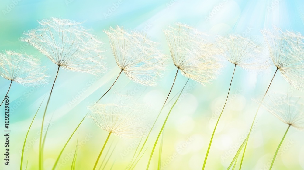 Poster delicate dandelion seeds floating on gentle breeze with a soft, blurred background