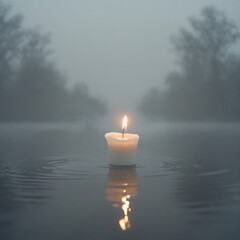 Fototapeta premium Candle of remembrance floating on water in fog representing World Cancer Day