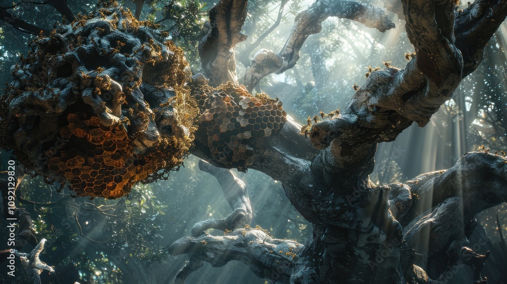 Poster sunbeams illuminate honeycomb in ancient tree.