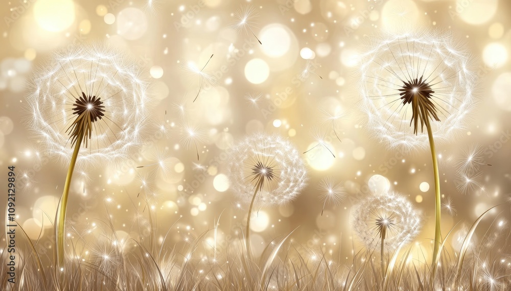 Poster dandelion seeds floating on a golden sky with bokeh
