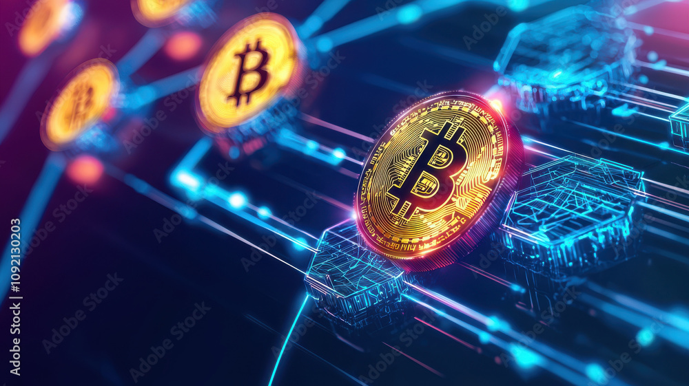 Poster luminous blockchain structure with glowing nodes and digital currency symbols, showcasing futuristic