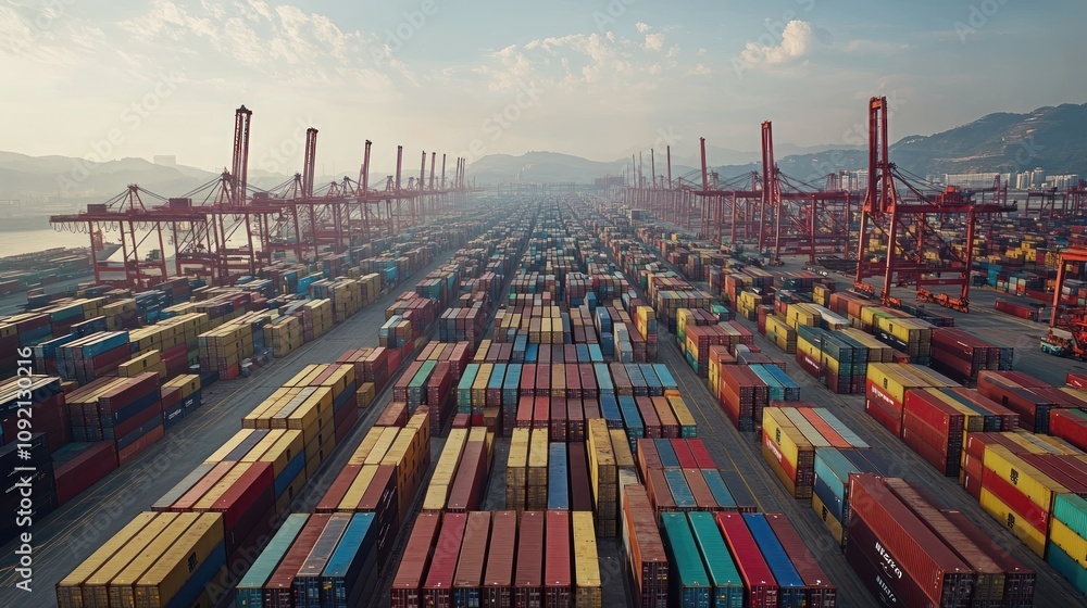 Poster an aerial view of a busy container port with rows of colorful shipping containers and gantry cranes.