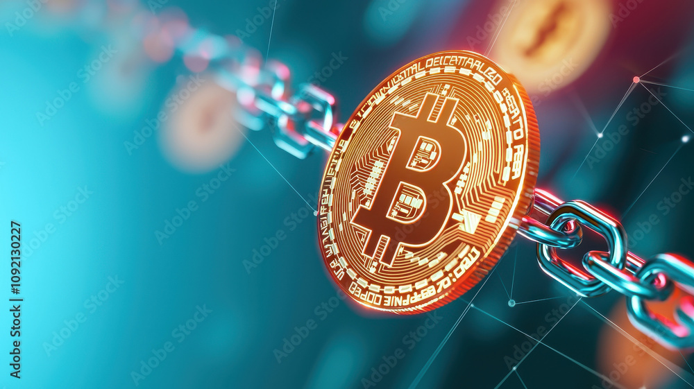 Poster glowing blockchain structure with interconnected nodes and prominent bitcoin symbol, illustrating co