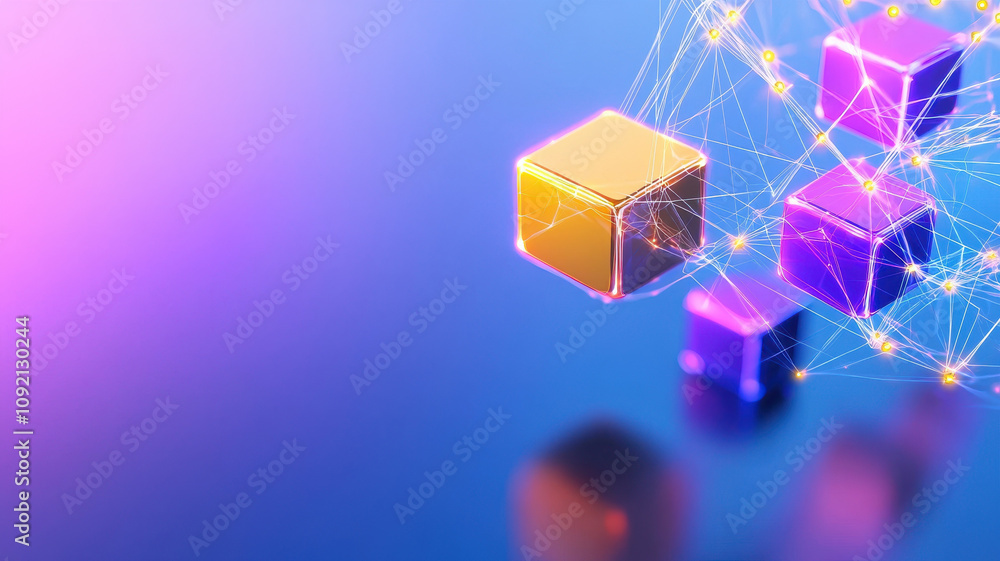Poster glowing blocks connected by network of lines represent modern blockchain design, showcasing vibrant 
