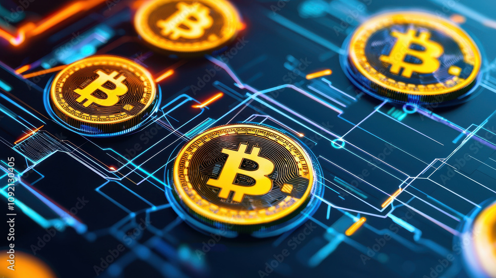 Poster golden bitcoins on digital circuit board symbolize concept of cryptocurrency and blockchain technolo