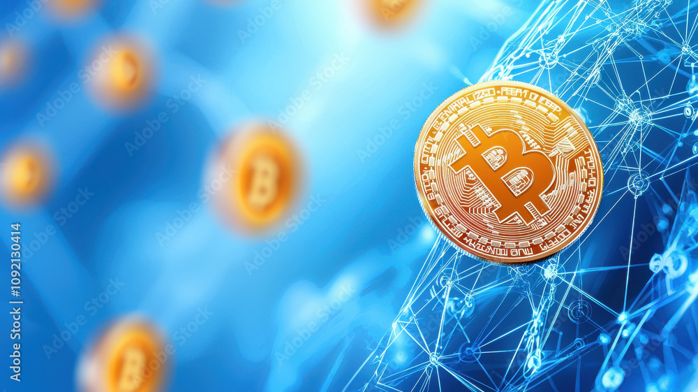 Poster digital representation of blockchain technology featuring prominent bitcoin symbol, surrounded by ne