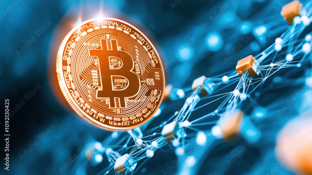 Aufkleber glowing bitcoin symbol is surrounded by network of interconnected nodes, representing digital and de